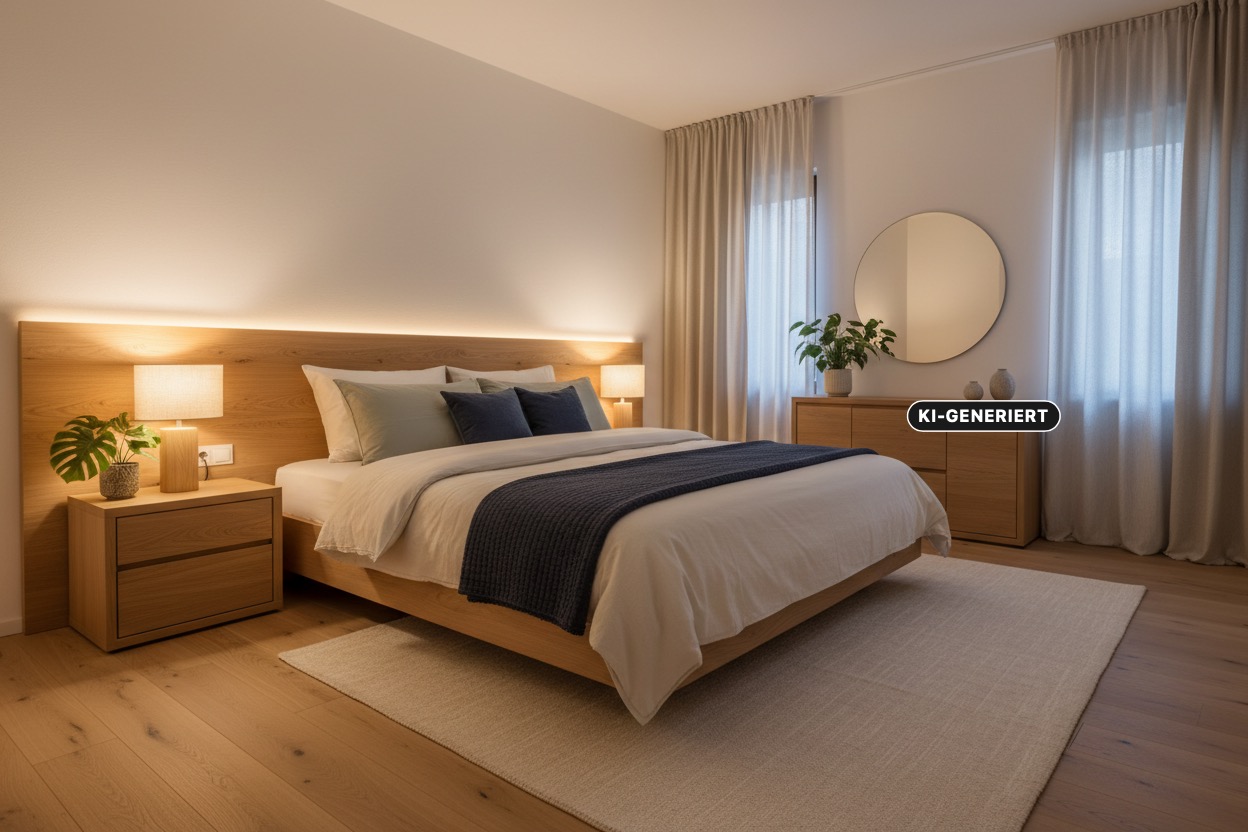 Modernes, ruhig eingerichtetes Schlafzimmer mit heller Bettwäsche und warmem Licht