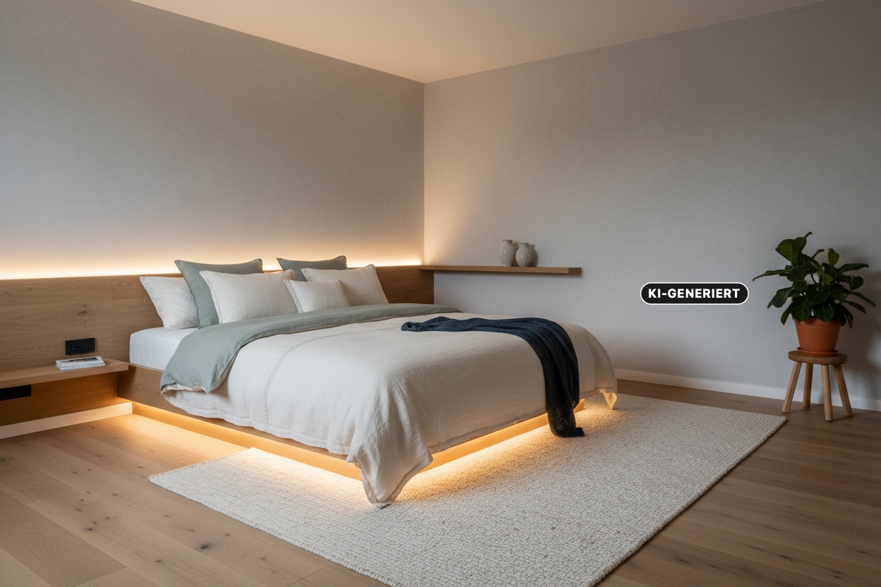 KI-generiert: Ein minimalistisch eingerichtetes Schlafzimmer mit einem Holzbett, das von warmem LED-Licht unterleuchtet wird, und einem großen hellen Teppich auf dem Holzfußboden.